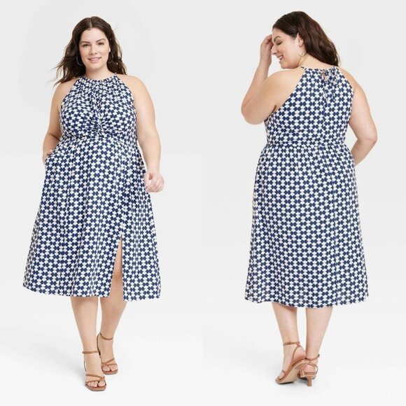 XXL - Womens Halter Neck A-Line Dress - Ava Viv - Blue Geometric - Picture 1 of 6